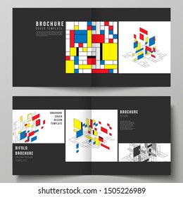 The vector illustration of two covers templates for square design bifold brochure, magazine, flyer, booklet. Abstract polygonal background, colorful mosaic pattern, retro bauhaus de stijl design.