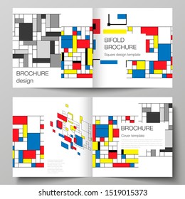 The vector illustration of two covers templates for square design bifold brochure, magazine, flyer, booklet. Abstract polygonal background, colorful mosaic pattern, retro bauhaus de stijl design.
