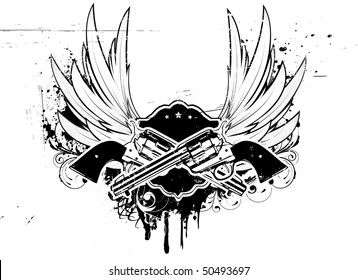 Vector illustration of Two cowboy revolver guns with shield on the grunge Background