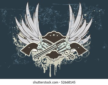 Vector illustration of Two cowboy revolver guns with shield on the grunge Background