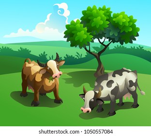 Vector Illustration Two Cows Graze On Stock Vector Royalty Free Shutterstock