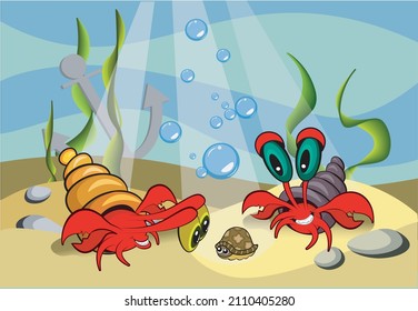 Vector Illustration Two Crabs With A Shell In A Shell At The Bottom Of The Ocean Saw A Small Sea Turtle, Algae Grow At The Bottom, Gray Stones And An Anchor Lie, The Sun Breaks Through The Water Colum