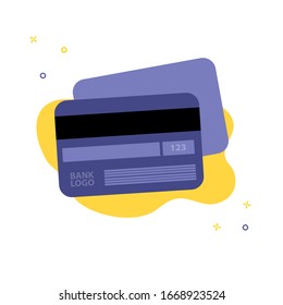 Ilustración vectorial de dos tarjetas de crédito o débito de plástico sobre fondo amarillo. Concepto empresarial o financiero