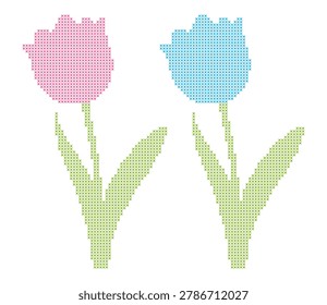 Vector illustration of two cross stitch tulips in pink and blue with green stems on a plain background.
