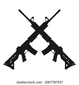 Vector Illustration Of Two Crossed An Assault Rifle Icon. Silhouette Of Automatic Fire Rifle. Weapon Collection