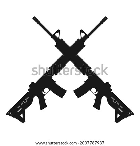 Vector illustration of two crossed an assault rifle icon. Silhouette of automatic fire rifle. Weapon collection