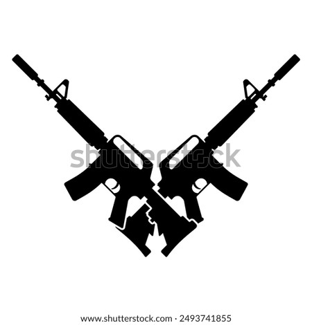 Vector illustration of two crossed assault rifles, american M16 and soviet AK47. Silhouette of automatic firearm and guns. Editable vector eps file for icon, emblem, badge, symbol, logo sign, etc