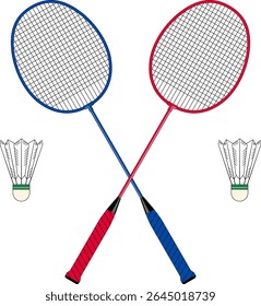 Ilustração vetorial de duas raquetes de badminton cruzadas, uma vermelha e outra azul, com duas shuttlecocks em ambos os lados. Ideal para temas esportivos, torneios de badminton ou gráficos relacionados ao treinamento. Isolado 