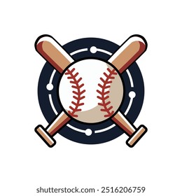 Vector Illustration of two crossed baseball bats behind a baseball. This design is accented by a circular background, making it perfect for use in sports branding, team logos, tournament posters