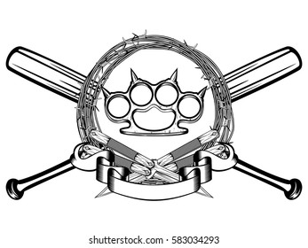 Vector illustration two crossed daggers and baseball bats. Frame of barbed wire and brass knuckle. For tattoo or t-shirt design.