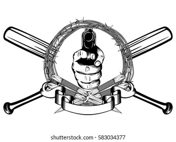 Vector illustration two crossed daggers and baseball bats. Barbed wire and hand with pistol. For tattoo or t-shirt design.