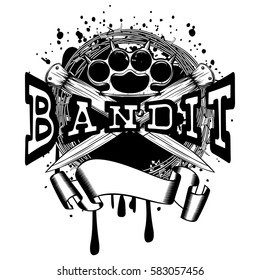 Vector illustration two crossed daggers and brass knuckle on barbed wire and grunge background. Inscription bandit. For tattoo or t-shirt design.