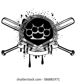 Vector illustration two crossed daggers and baseball bats. Frame of barbed wire and brass knuckle. For tattoo or t-shirt design.