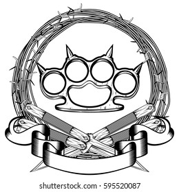 Vector illustration two crossed daggers and brass knuckle. For tattoo or t-shirt design.