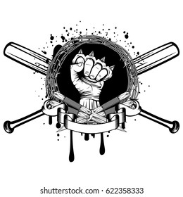 Vector illustration two crossed daggers and baseball bats. Frame of barbed wire and hand with brass knuckle. For tattoo or t-shirt design.