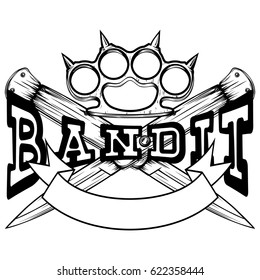 Vector illustration two crossed daggers and brass knuckle. Inscription bandit. For tattoo or t-shirt design.