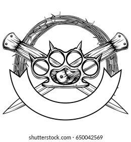 Vector illustration two crossed daggers and brass knuckle. For tattoo or t-shirt design.