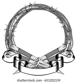Vector illustration two crossed daggers. Frame of barbed wire. For tattoo or t-shirt design.