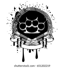 Vector illustration two crossed daggers and brass knuckle. For tattoo or t-shirt design.