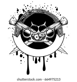 Vector illustration two crossed daggers and brass knuckle. For tattoo or t-shirt design.