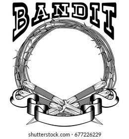 Vector illustration two crossed daggers. Frame of barbed wire. Inscription bandit. For tattoo or t-shirt design.