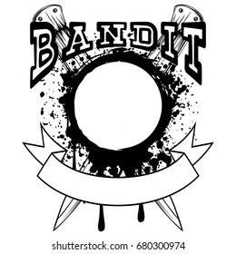 Vector illustration two crossed daggers and grunge frame. Inscription bandit. For tattoo or t-shirt design.