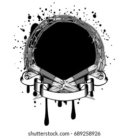 Vector illustration two crossed daggers. Frame of barbed wire. For tattoo or t-shirt design.