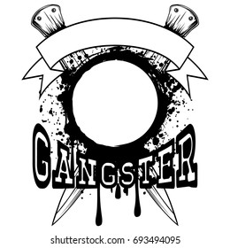Vector illustration two crossed daggers and grunge frame. Inscription gangster. For tattoo or t-shirt design.