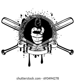 Vector illustration two crossed daggers and baseball bats. Frame of barbed wire and hand with pistol. For tattoo or t-shirt design.