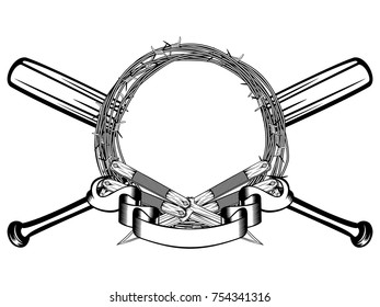 Vector illustration two crossed daggers and baseball bats. Frame of barbed wire. For tattoo or t-shirt design.