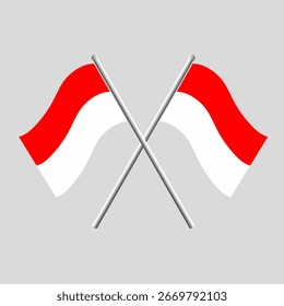 Ilustración vectorial de dos banderas indonesias cruzadas con colores rojo y blanco sobre un fondo gris. Colores oficiales estándar. Adecuado para el Día de la Independencia, celebración y eventos patrióticos nacionales.