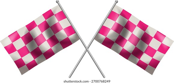 Ilustración vectorial de dos banderas a cuadros cruzadas de color rosa y blanco con asta metálica, aisladas