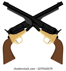 Vector illustration two crossed revolver gun isolated on white. Retro, old weapon