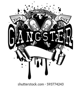 Vector illustration two crossed revolvers and inscription gangster. Frame of barbed wire. For tattoo or t-shirt design.