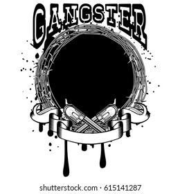 Vector illustration two crossed revolvers. Frame of barbed wire. Inscription gangster. For tattoo or t-shirt design.