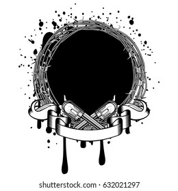 Vector illustration two crossed revolvers. Frame of barbed wire. For tattoo or t-shirt design.