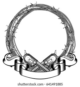 Vector illustration two crossed revolvers. Frame of barbed wire. For tattoo or t-shirt design.