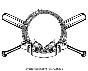 Vector illustration two crossed revolvers and baseball bats. Frame of barbed wire. For tattoo or t-shirt design.