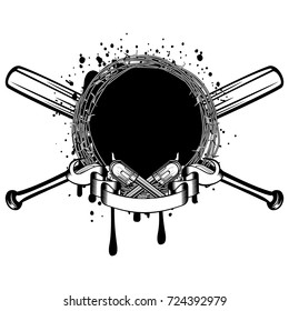 Vector illustration two crossed revolvers and baseball bats. Frame of barbed wire on grunge background. For tattoo or t-shirt design.