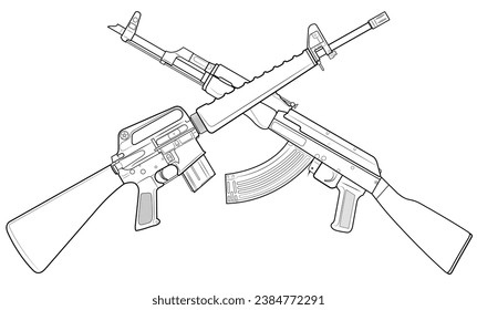 Ilustración vectorial de dos rifles cruzados, el M16 americano y el AK47 soviético sobre el fondo blanco.