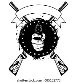 Vector illustration two crossed rifles and hand with pistol on grunge background. For tattoo or t-shirt design.