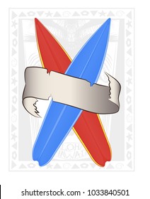 vector illustration of two crossed surfboards red and blue. waving ribbon for text. ethnic drawings in the background