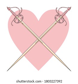 vector illustration of two crossed swords over a pink heart. Romantic design for Valentino's day t-shirts or posters.