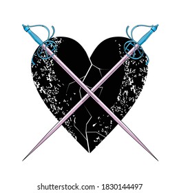 ilustración vectorial de dos espadas cruzadas sobre un corazón negro. Diseño romántico para camisetas o afiches del día de San Valentín.
