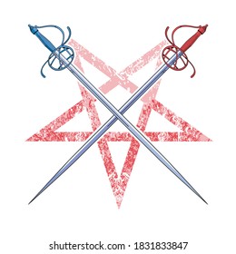 ilustración vectorial de dos espadas cruzadas en un pentagrama. Dibujo temático heráldico para afiches o camisetas.