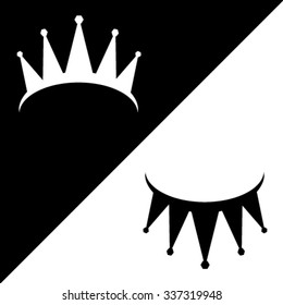 Vector illustration of two crowns of black and white color on background of opposite color. Royal crown vector. Opposition concept. Competition concept. Playing chess concept. Black vs white.