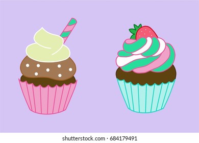Vector illustration of two cupcakes one of three chocolates and another of colors with a strawberry