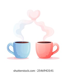 Ilustración vectorial de dos tazas con café caliente o chocolate, con vapor formando una forma de corazón, en estilo de dibujos animados sobre un fondo blanco. Adecuado para temas de amor, romance y San Valentín.
