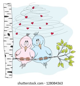Vector illustration of two cute birds in love, sitting on a branch of a tree. EPS 10, no transparencies, no gradients.