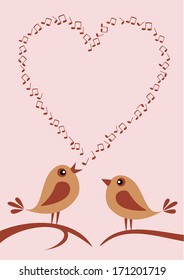 Vector illustration of two cute birds singing about love.